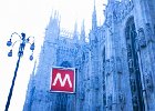 42-15723797 : Architecture, Cathedral, Church, Daytime, Europe, Italy, Light, Lombardy, Milan, Milano Province, Nobody, Outdoors, Public transportation, Rapid transit, Red, Sign, Spire, Street light, Subway, View from below